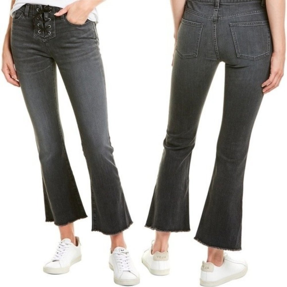 Nili Lotan Vianca Lace Up Cropped Wide Leg Jeans Size 27 Black Grey Wash